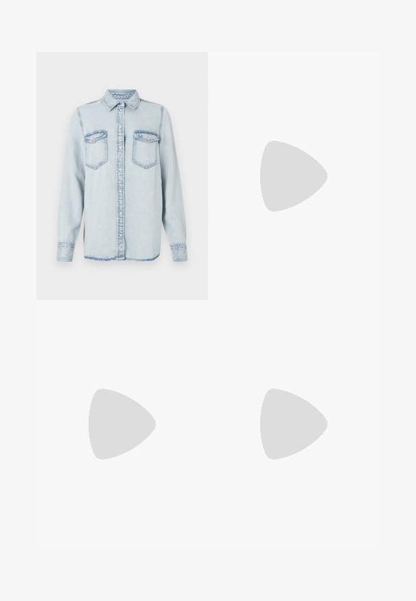 Light blue denim shirt with a pointed collar, button front, and two chest pockets. Features stitched detailing and a slightly frayed hem.; White long-sleeve bodysuit with a round neckline. Features "GUESS" logo and "EST.1981" printed in black on the front. Smooth texture.; Light blue denim flared jeans with a high waist, featuring two buttons and front pockets. Fabric has a faded texture with subtle variations.; Beige high-heeled shoes with a textured fabric featuring a repeating pattern. Pointed toe design with a back accent and gold heel detail.; Black sequin mini handbag with a knotted textured strap and silver chain. Rounded shape with gathered top and reflective detailing.