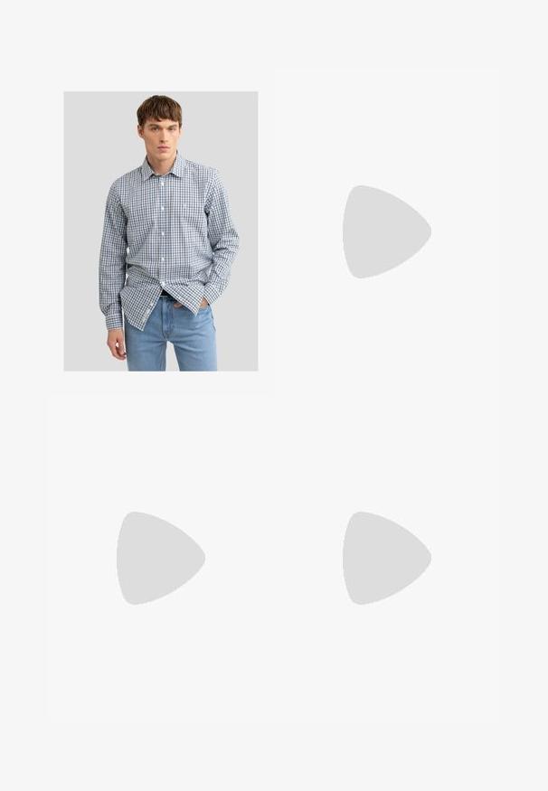 Gestreept overhemd in blauw en wit; lange mouwen, standaard kraag en lichtgewicht stof. Gecombineerd met lichtblauwe jeans.; Witte katoenen t-shirt met korte mouwen, ronde hals, relaxte pasvorm en zonder zichtbare logo's of patronen. Gladde textuur en minimalistisch ontwerp.; Lichtblauwe denim cargo pants met een ontspannen pasvorm, voorzien van zijbevestigingslussen en voorzakken, met een vervaagde textuur.; Zwarte leren instappers met een slank ontwerp, afgeronde neus, gestikte details en een lage blokhak. Gladde textuur en minimale accenten.