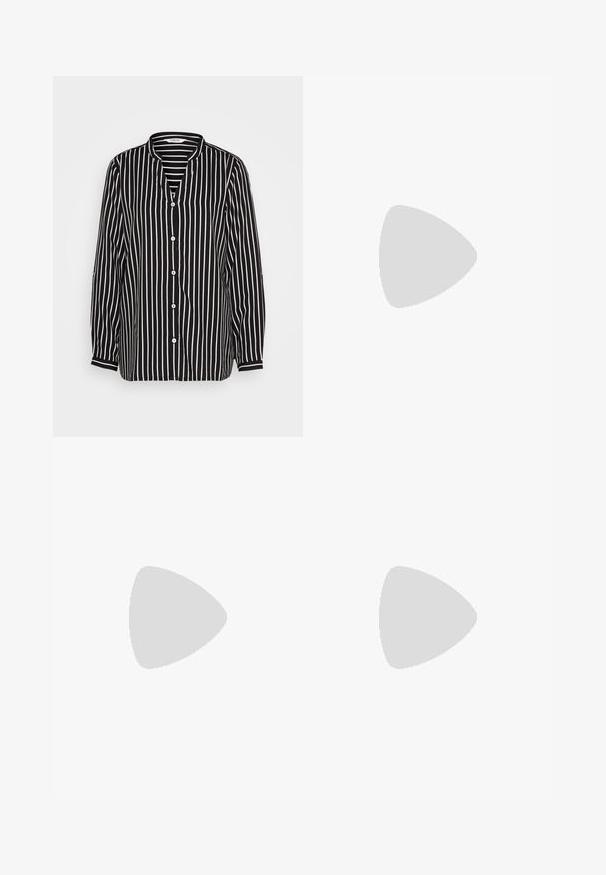 Black and white striped button-up shirt with a V-neck, long sleeves, and a relaxed fit. Features white buttons and contrasting cuffs.; Brown, floor-length skirt made of soft fabric with a central ruffle detail, featuring a clean, simple design and smooth texture.; Black flat sandal featuring thin gold straps that wrap around the ankle and a minimalist design with a smooth, rectangular footbed.; Brown leather handbag with dual top handles, rectangular shape, and front pocket. Smooth texture with silver hardware accents.