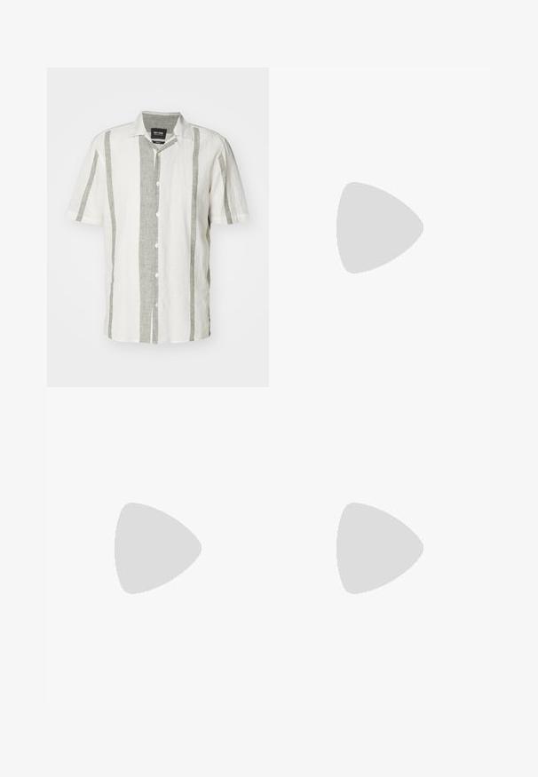 Kortærmet skjortebluse i hvid med lysegrå lodrette striber. Fremstillet af linned, med en klassisk krave og fem knapper ned langs fronten.; Hvid ærmeløs top lavet af blødt stof, med en rund halsudskæring, let sænkede armhuller og en lige søm.; Sorte denim bredde ben jeans med høj talje, med klassisk fem-lomme design og subtil falmning for et tekstureret udseende.; Sort læderloafer med rund tå, en dekorativ rem og hardware, samt en chunky tekstureret sål. Glat finish med subtile detaljer.; Guldtonet metalur med en sort urskive, lysende markeringer og tre underviser. Har et tekstureret bånd og "HILFIGER" logo i midten.
