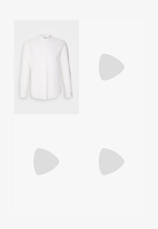 Camicia bianca a maniche lunghe con colletto rigido, chiusura frontale con bottoni, tessuto texturizzato e orlo arrotondato, caratterizzata da un design minimalista e una finitura morbida.; Pantaloni bianchi in tessuto con taglio dritto, dotati di due tasche frontali e chiusura con bottone. Texture liscia e design pulito.; Mocassini beige chiaro con punta affusolata, materiale liscio, una fascia sulla tomaia e una suola bassa marrone. Design semplice con accenti minimi.; Occhiali da sole neri con forma rettangolare, lenti scure, dettagli in argento alle tempie e finitura opaca sulla montatura.