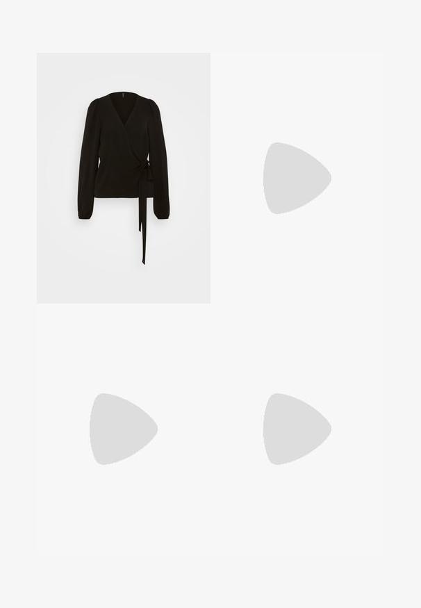Vero Moda Tall VMALVA WRAP - Blouse - black; Floral dress featuring a cream background with pink, red, and brown roses, long sleeves, a collared neckline, and a pleated skirt.; Black patent leather ballet flat with a pointed toe, decorative bow on the front, and a textured rubber sole.; Black sunglasses with brown tinted lenses; rectangular shape with a thick frame, including subtle hardware accents on the temples.