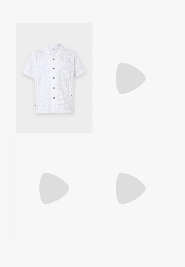 White short-sleeve shirt featuring cut-out floral patterns, a button-down front, a chest pocket, and brown buttons. Made from lightweight fabric.; Light blue denim jeans with straight leg design, featuring a mid-rise waist, five pockets, and a button and zipper closure.; Black leather loafer with a tasseled accent, featuring a chunky black sole and yellow stitching along the edge. Textured finish.; Three-layered silver metal necklace featuring sleek, flexible chains with a slight sheen, secured with a lobster clasp and adjustable chain.