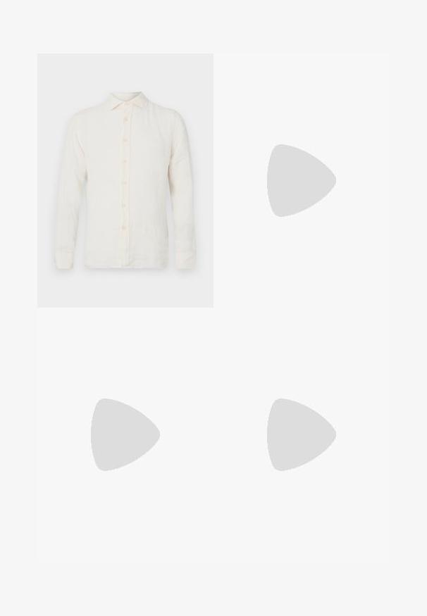 120% Lino LONG SLEEVE MEN SLIM FIT - Skjorta - milk; Bruna veckade byxor med en vid bendesign, med knappstängning och sidofickor, tillverkade av textil med struktur som passar för avslappnad användning.; Svarta läderloafers med en slät finish, sömnadsdetaljer på tån och en låg klackdesign för komfort och stil.; Sköldpaddsbeslag av solglasögon med gröna linser, vinklade i en oktagonal form och med smala, böjda skalmar. Materialet har en glansig yta.