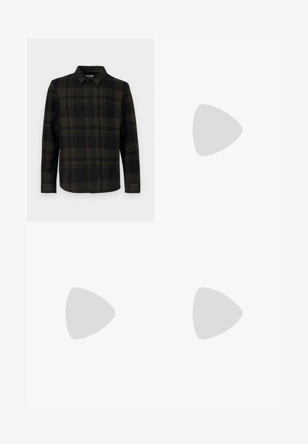 Black and dark green plaid shirt made of fabric, featuring a button-down front, long sleeves, and a classic collar design.; Five long-sleeve shirts in a gradient of colors: dark navy, navy, olive green, beige, and white. Each has a round neck and a smooth texture.; Black denim jeans featuring a straight leg design, five pockets, metal rivets, and a button fly closure. Soft texture with slight stretch.; Black ankle boot made of smooth leather. Features a lace-up design, round toe, and rugged sole with prominent tread. Small pull tab on heel.