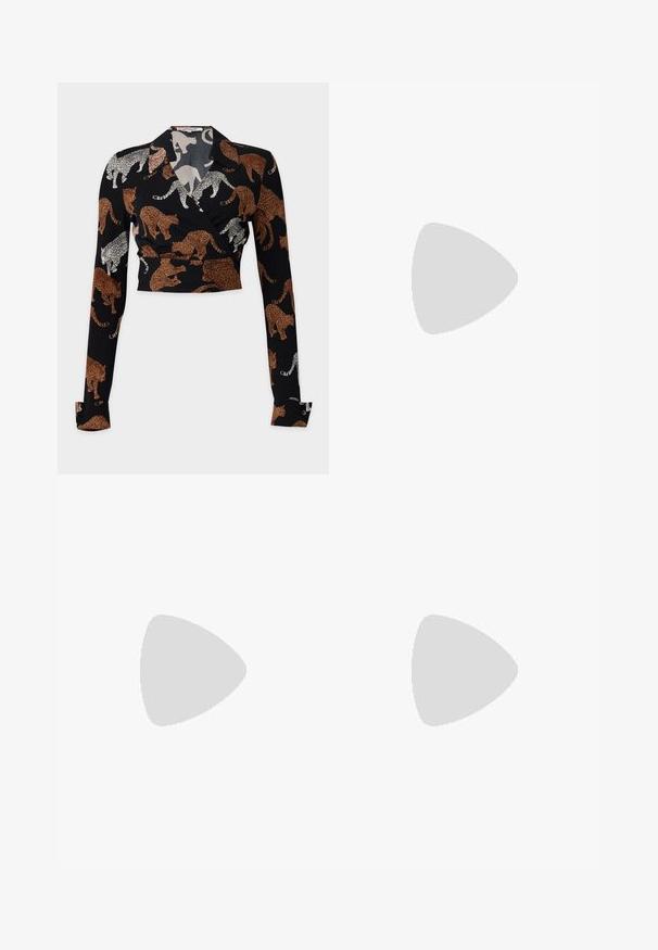 Diane von Furstenberg BOBBIE - Blouse - brown; High-waisted, wide-leg jeans made of blue denim with a faded finish. Features include front pockets and a single button closure.; Black leather ballet flat with a rounded toe, smooth texture, minimal stitching detail, and a flexible sole design.; Brown leather handbag with a flap closure, gold-tone hardware, a shoulder strap, and a smooth texture. Compact rectangular shape.