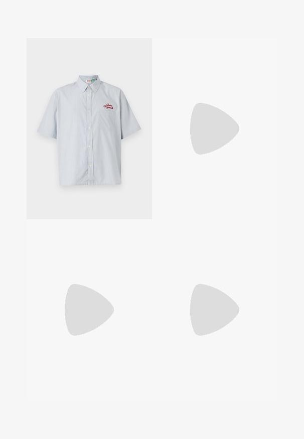 Short-sleeve, button-up shirt in light blue with white vertical stripes. Features an upper left pocket and red embroidered logo.; Cream wide-leg trousers made from cotton blend fabric. Features a front button closure, belt loops, and side pockets. Smooth, textured finish.; Red suede sneakers with white accents, featuring textured material, round toe, and a gold logo on the side, worn with black pants.; Silver stainless steel quartz watch with a black rectangular face, featuring analog hands, digital display, and water resistance label.