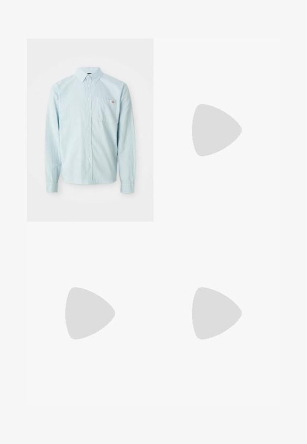 Light blue long-sleeve button-up shirt with buttoned collar and chest pocket featuring a small red and white logo patch.; Black cotton t-shirt with short sleeves. Features an embroidered logo "Dickies Donut House" on the left chest area. Classic crew neck design.; Dark gray trousers made of cotton blend, featuring a straight-leg design, front pockets, and a button closure at the waist.; Black sneaker featuring a suede and mesh upper, thick sole, and prominent 'N' logo on the side. Textured design with lace closure.