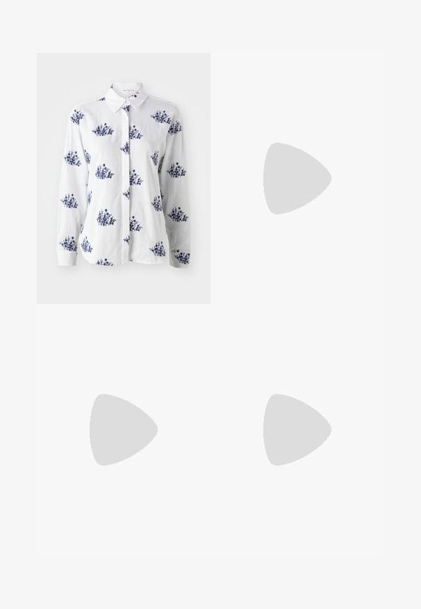 White linen shirt featuring a blue floral print, button-up front, and a classic collar with long sleeves and cuffed wrists.; Denim shorts in light blue with a faded finish. Features a button closure, five pockets, and straight leg design.; Black leather pointy-toe pump with an ankle strap and a chunky heel. Flat texture, sleek design, and minimalistic aesthetics.; Black leather tote bag with smooth texture, rectangular shape, and two long handles. No visible hardware or embellishments.