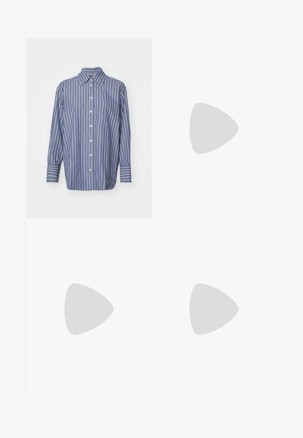 GAP BIG STRIPES BIG CUFF BIG COLLAR - Nööpidega pluus - blue; Heledad sinine laiad teksad, mis on valmistatud denimist. Omab nööp- ja lukutossu, viit taskut ning pleekinud viimistlust koos veidi kulunud äärega.; Valged kõrge kontsaga sandaalid, millel on paks konts ja rihmadega disain koos pahkluu sidumisega. Sile tekstuur ja platvorm ees, et lisada kõrgust.; Pruunist suedi kott pehme tekstuuriga, suure ava ja pikkade rihmadega. Omab lihtsat disaini nähtava õmblusega ja ilma metalldetailideta.