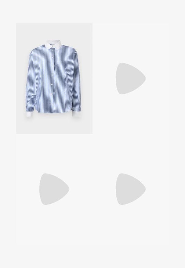 Blue and white striped button-up shirt with a white collar, long sleeves, pocket on the left side, and a relaxed fit.; Three long-sleeve t-shirts: one solid burgundy, one burgundy with white stripes, and one solid white. All are made of soft, stretchable fabric.; Denim flared jeans in dark blue with a smooth texture, five-pocket design, and a button closure at the waist.; Brown leather loafers with a glossy finish, featuring a decorative gold buckle on the front and a low block heel. Classic design.