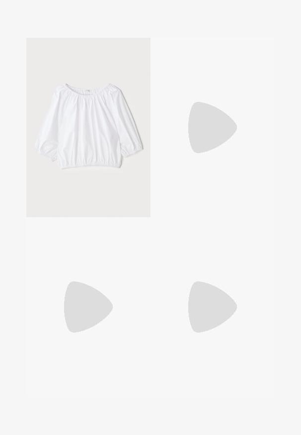 White, lightweight blouse with a round neckline, three-quarter puff sleeves, and elasticized waist, featuring a smooth, shiny texture.; Beige wide-leg trousers featuring a diagonal black stripe pattern, an elastic waistband, and a contrasting black hem at the cuffs.; Black leather sandal with a square toe, thin straps, adjustable ankle strap, and a low heel. Features a small gold accent on the strap.; Black crocodile-embossed leather handbag with a structured design, top handle, adjustable strap, and a prominent front logo detail.