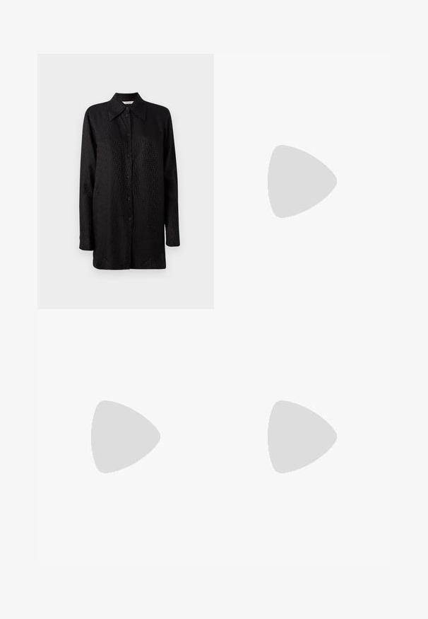 Black button-up shirt made of smooth fabric, featuring a subtle, textured pattern, pointed collar, and long sleeves.; Wide-leg trousers in black. Tailored fit with a smooth texture. Features a row of metallic studs along the side seams for detail.; Black leather sandals with gold buckle accents, featuring multiple straps and a flat sole design for open-toe wear.; Brown textured leather crossbody bag with gold chain strap and flap closure. Front features logo detail and a pocket under the flap.