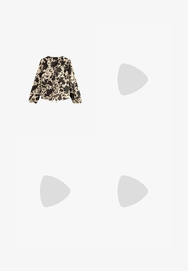 Long-sleeve blouse with a v-neckline, featuring a cream and black cow print design, gathered sleeves, and a tie detail at the front.; Bershka WIDE-LEG - Wide Leg - black; Bershka High heeled sandals - black; Black patent leather handbag with a curved shape, one shoulder strap, front pockets, and silver-tone hardware accents.