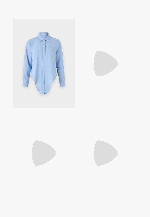 Light blue long-sleeve shirt with a rounded hem, button front, collared neckline, and left chest pocket. Soft texture with subtle sheen.; Sister Jane HEART TO HEART - Straight leg jeans - blue denim; White high-top canvas sneaker with black rubber sole, front rubber toe cap, and six eyelets for laces, featuring a clean, minimalist design.; Red leather handbag with an angular, geometric design. Features a single adjustable strap and a flap closure with stitched detailing.