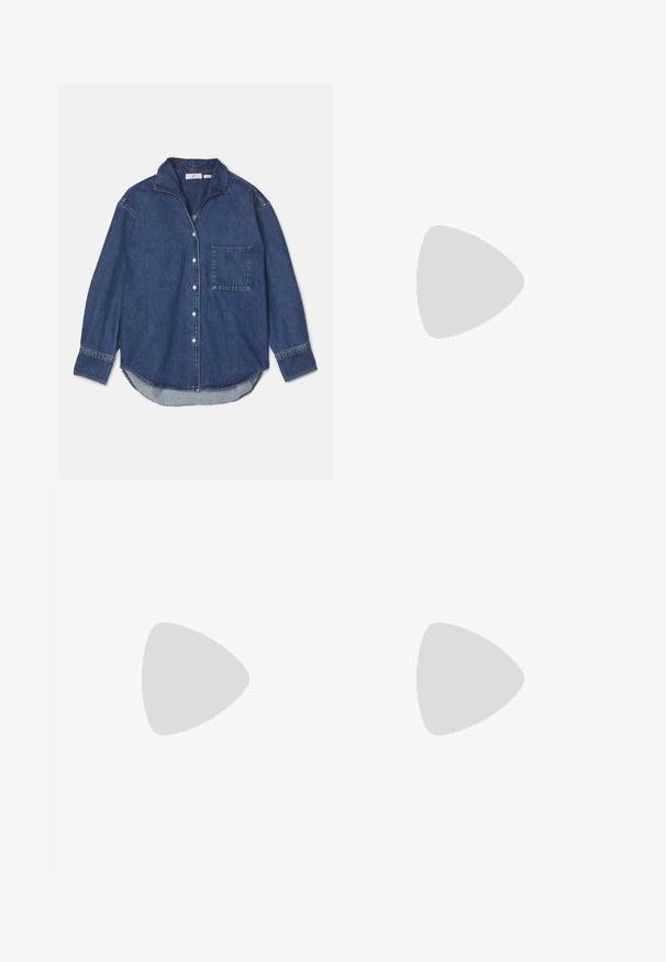 Denim shirt in dark blue featuring a collar, button closure, single chest pocket, and long sleeves with a curved hem. Soft texture.; Black tailored pants with a straight-leg design, featuring belt loops and side pockets. Made from smooth fabric with a clean finish.; Black leather slingback shoe with a pointed toe, decorative straps featuring metal eyelets, and a low block heel. Textured surface.; Black leather handbag with a rounded shape, a wide strap, and a textured finish. Features a subtle seam detail and a gold-tone hardware accent.