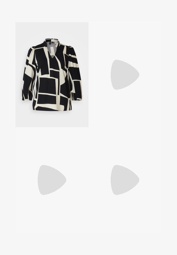 Svart og kremfarget bluse med et geometrisk blokkmønster, dyp V-hals og puffede ermer, laget av lett stoff.; Sorte vide benklær med en glatt tekstur, med høy midje og sentralsøm detaljer. Laget av lett stoff.; Sorte lærballerina med spiss tå, minimalistisk design, glatt tekstur, lav hæl uten synlig metall eller dekorasjoner.; Svart skinnveske med en glatt tekstur. Har en justerbar stropp og et strømlinjeformet, minimalistisk design med glidelås.