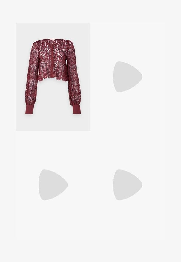 Burgundy lace blouse with long, puffed sleeves. Cropped design features button front and solid cuffs, showcasing intricate leaf patterns.; Pleated midi skirt in light yellow fabric, featuring an elastic waistband with a tie, smooth texture, and vertical stripes for added detail.; Nike Sportswear FIELD GENERAL - Trainers - off-white/black; Aviator sunglasses featuring a gradient blue lens, silver metal frame, and decorative star accents on the lens. Smooth and sleek design.