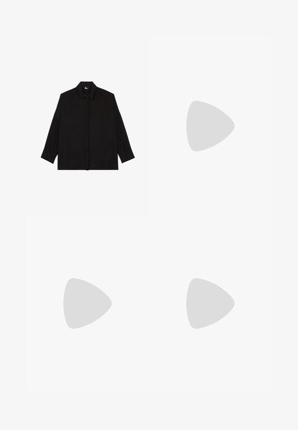 Camicia nera con bottoni, colletto, maniche lunghe e vestibilità comoda. Realizzata in un tessuto liscio e morbido senza motivi visibili.; Pantaloni in satin nero con gambe larghe, caratterizzati da dettagli in frange lungo le cuciture laterali e una cintura piatta in vita. Retro semplice senza tasche.; Scarpa nera con punta a punta alta in pelle di coccodrillo, caratterizzata da un design elegante, alto tacco a spillo e interno nero liscio.; Clutch bag nera con motivo coccodrillo e hardware argentato, appoggiata su uno sfondo grigio texture. Presenta una superficie lucida.
