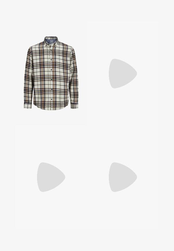 Ruudullinen flanellipaita, väreiltään kerma, sininen ja ruskea. Pitkät hihat, napitettava etuosa, perinteinen kaulus, rintatasku ja pyöristetty helma.; Kapeat farkut haalistuneessa harmaassa denimmateriaalissa, joissa on kuluneet yksityiskohdat polvissa, yhdistettyinä valkoisiin lenkkareihin. Suora pinta, kapea leikkaus.; Valkoiset nahkasneakersit, joissa on rei'ityksiä, pyöreä kärki, tasapohja ja paksut nauhat, joissa on näkyvä swoosh-logo ja "AIR" kantapäässä.; Harmaa ruostumaton teräs rannekello, jossa on tummansininen kellotaulu, metalliset tuntimerkit ja päivämääränäyttö kello 3:ssa. Vesitiivis 50 metriin asti.