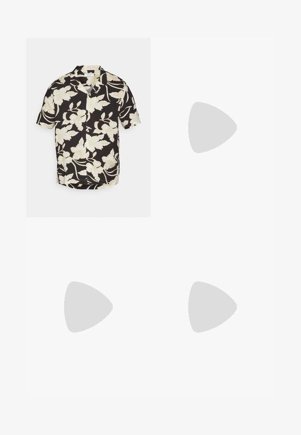 Camisa de manga corta negra con un patrón floral crema, de corte relajado y con cuello muesca. Fabricada con un tejido ligero.; Jeans ajustados en denim gris desgastado, con detalles desgastados en las rodillas, combinados con zapatillas blancas. Textura suave, diseño de corte slim.; Zapatillas de cuero blanco con perforaciones, punta redonda, suela plana y cordones gruesos, con un logo de swoosh visible y "AIR" en el talón.; Reloj de pulsera de acero inoxidable plateado con una esfera azul marina, marcadores horarios metálicos y una ventana de fecha a las 3 en punto. Resistente al agua hasta 50 metros.