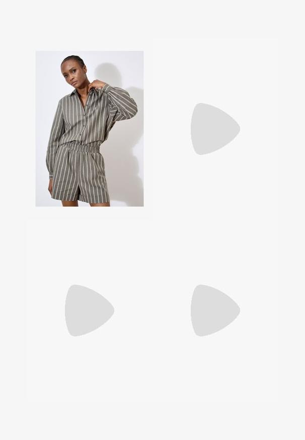 Gray striped shirt and matching shorts set in a relaxed fit. Features button closure, long sleeves, and an elastic waistband. Textured fabric.; Brown wide-leg trousers with a smooth texture, featuring a high waist and front pleats. The fabric is lightweight and flows loosely.; Black heeled sandal featuring a smooth leather upper, an open toe, wide front straps, and adjustable ankle strap with a gold buckle detail.; Brown leather bag with a gathered top and a chain strap. Smooth texture with a glossy finish and subtle seam detailing on the sides.