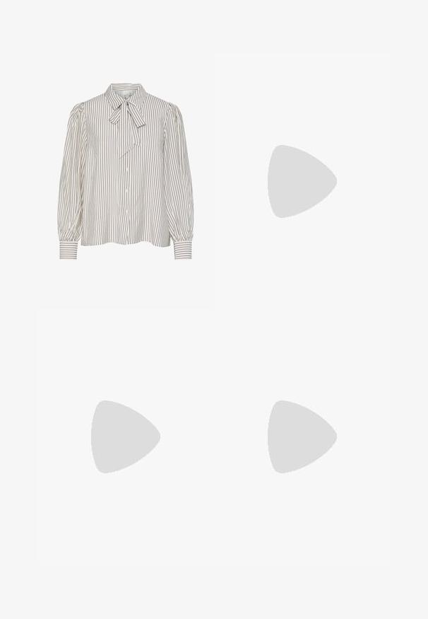 Button-up blouse featuring vertical white and burgundy stripes, a bow tie collar, and gathered puff sleeves with a smooth texture.; High-waisted blue denim jeans with a wide-leg design, featuring a front pocket, brass button closure, and contrast stitching.; White strappy high-heeled sandal with a flat toe base, textured front with gathered accents, and a slim ankle strap.; Silver earrings featuring two teardrop shapes and two rounded shapes, all with a polished, reflective surface and smooth texture.