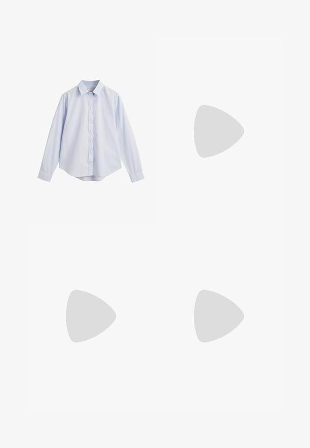 Camicia button-up azzurro chiaro in cotone, con colletto, maniche lunghe, spallina sul retro e orlo curvo con un logo ricamato discreto.; Pantaloni neri su misura con un design a gamba dritta, caratterizzati da una texture liscia e pieghe ben definite sul davanti. Senza hardware visibile.; Tacchi slingback in pelle nera con punta affusolata, caratterizzati da un tacco alto e un accento dorato sulla cinghia regolabile. Texture liscia.; Borsa a mano in pelle nera con un design strutturato, caratterizzata da una forma corta, manico superiore e accessori in metallo dorato. Inclusa tracolla regolabile.