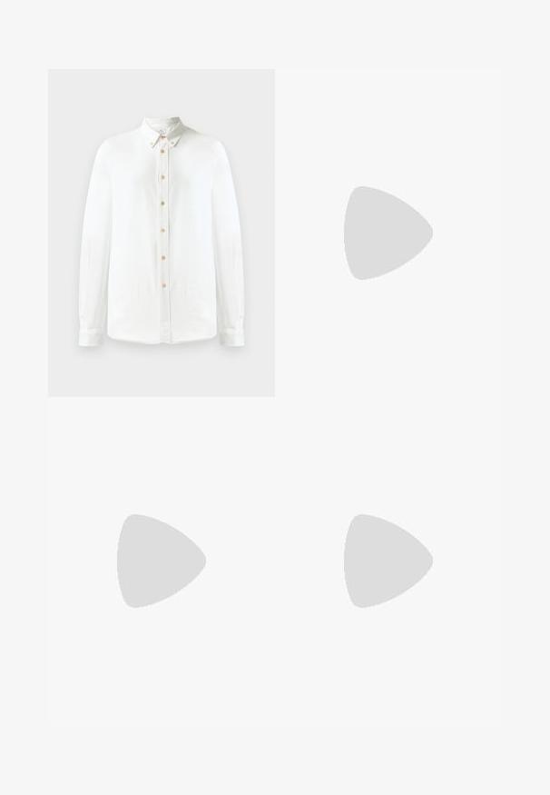 White long-sleeve button-up shirt made of soft fabric, featuring a classic collar, a row of round brown buttons, and buttoned cuffs.; Filippa K TERRY CROPPED TROUSERS - Trousers - sage melange; White leather sneaker with a smooth finish, round toe, flat laces, and a textured sole. Features a subtle logo on the heel.; Black rectangular sunglasses with dark lenses, thick plastic frame, gold accents on temples, and brand logo engraved on the arm.