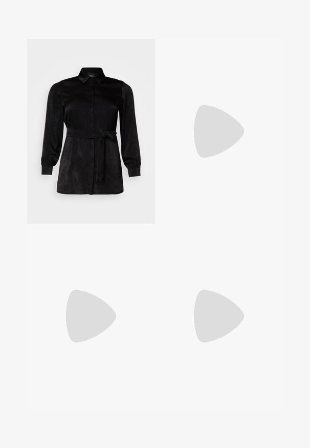 Black long-sleeve blouse made of smooth fabric, featuring a button-up front, collar, and a tied waist belt for a fitted silhouette.; Dark, wide-leg trousers with a structured waistband and pleats. Made of lightweight fabric, featuring a smooth texture and no visible patterns.; Black patent leather slingback heels with a pointed toe and a geometric block heel. Features a sleek, minimal design and smooth texture.; Black leather tote bag with two long handles, a smooth texture, and a structured shape. Features a front pocket for additional storage.