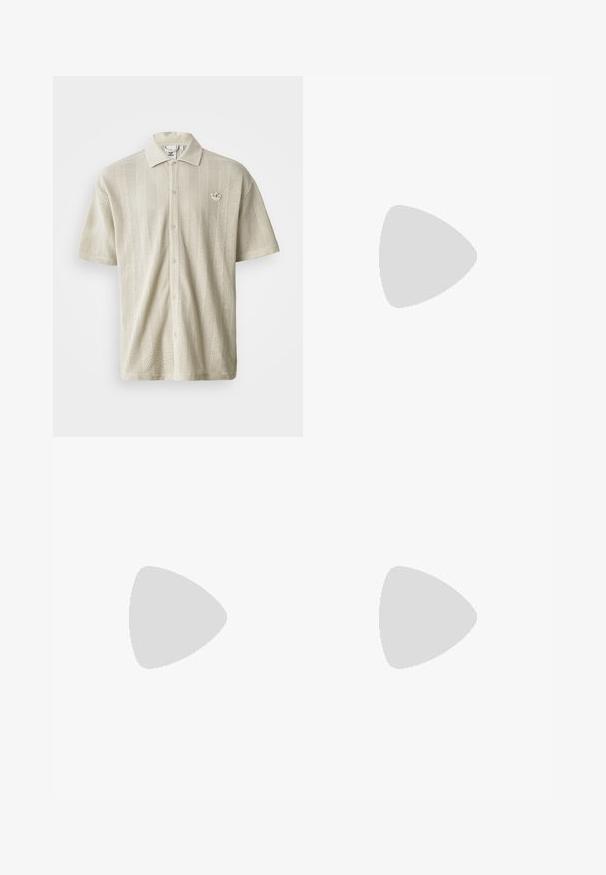 Light beige short-sleeve polo shirt with a textured, perforated pattern and a button-down front. Features an embroidered logo on the chest.; Three white ribbed tank tops made of cotton. Features a crew neck and small black labels near the hem. Available in multiple sizes.; Denim shorts in dark blue featuring a button closure, side pockets, and cargo-style pocket on the left leg. Smooth texture, casual design.; Gray suede sneakers with light gray leather stripes and a gum rubber sole. Features include lace closure and subtle branding on the tongue.