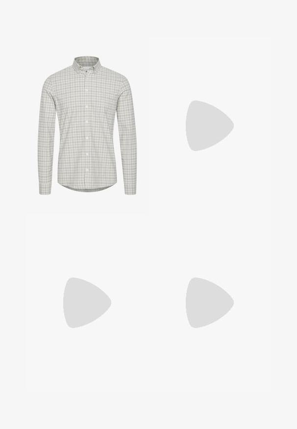 Hvit skjorte med knapp, i et rutemønster med lysegrå og mørkegrå farger, med lange ermer og klassisk kragedesign.; Sorte denimbukser med rett benklipp, fem-lomme design og frontknappåpning. Jevn tekstur med minimale sømdetaljer.; Brune semskede sko med lav profil, snøredesign, gummisåle og kontrasterende sømdetaljer. Enkelt og funksjonelt design.; Mørkeblå sjal med grå grafikk av en polo-spiller på hesteryggen, med frynsete kanter.