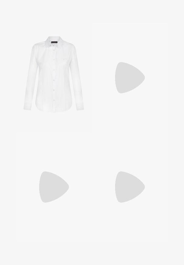 Felix Hardy Camicia - white; Jeans flare blu con lavaggio sbiadito, cinque tasche e chiusura con bottone. Il materiale presenta una trama in denim con dettagli di cucitura sottili.; Scarpa da corsa con tomaia in rete di colore bianco e grigio, accentuata da dettagli neri e strisce blu. Suola spessa con trazione in gomma. Design leggero.; Occhiali da vista in tartaruga con montatura ovale, lenti trasparenti e dettagli dorati. Presentano tempie curve e una finitura liscia e lucida.