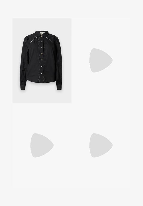 Camicia nera con bottoni, caratterizzata da maniche lunghe, dettagli ricamati lungo i lati e bottoni a contrasto. Tessuto fresco con colletto strutturato.; Gonna pieghettata grigia con una texture liscia, caratterizzata da molteplici pieghe verticali e una vita aderente. Realizzata in un tessuto leggero.; Scarpa nera a punta con un design a pannello di rete, dotata di un tacco basso e lacci frontali. Realizzata in una combinazione di pelle e materiale a rete.; Borsa a tracolla in ecopelle nera con texture a coccodrillo, apertura cinchata e tracolla arricciata. Si presenta con un design morbido e compatto.