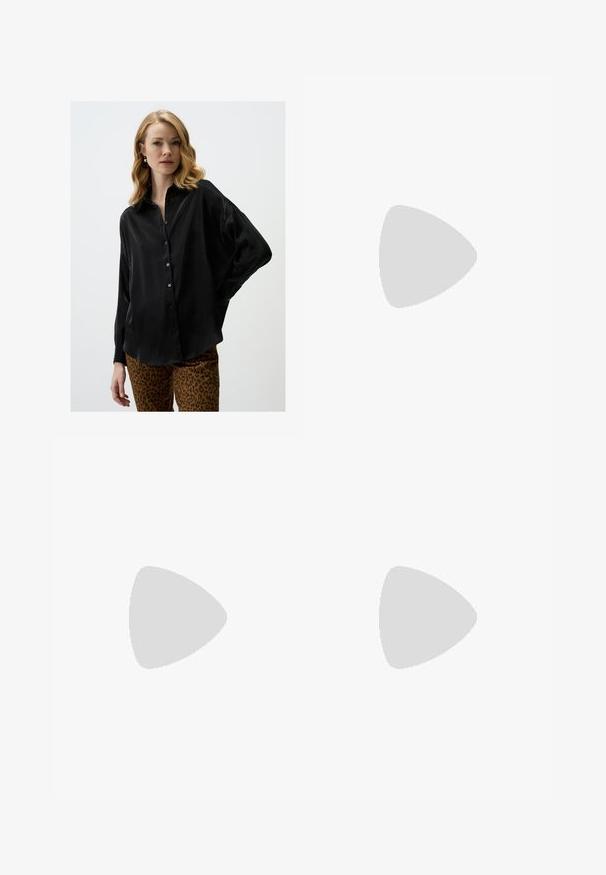 Black, long-sleeve blouse in silky fabric with a buttoned front and relaxed fit. Paired with animal print trousers.; Brown high-waisted trousers with pleats, made of smooth fabric. Loose fit, straight leg design, featuring belt loops and a zip fly.; Black patent leather slingback heels with a pointed toe and a geometric block heel. Features a sleek, minimal design and smooth texture.; Black leather handbag with a curved shape, detachable strap, and gold hardware. The bag features a flap with a buckle detail.