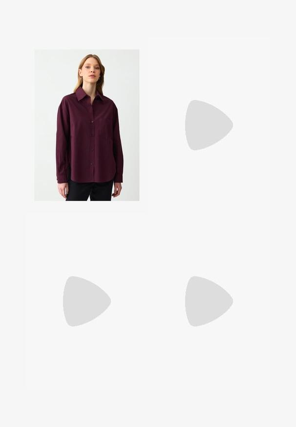 Bordeaux knoopshirt van zachte stof met een kraag, lange mouwen en een borstzak. Bevat zijsplitten en een subtiele textuur.; Zwarte midi rok gemaakt van soepel, lichtgewicht materiaal. Heeft een rechte snit, geen zichtbare hardware en een eenvoudig ontwerp zonder patronen.; Zwarte leren slingback ballerina met een vierkante neus, voorzien van een glanzende lakrand en verstelbare banden voor een veilige pasvorm.; Zwarte leren handtas met een gladde textuur, rechthoekige vorm en twee lange handvaten. Geen zichtbare hardware of versieringen.