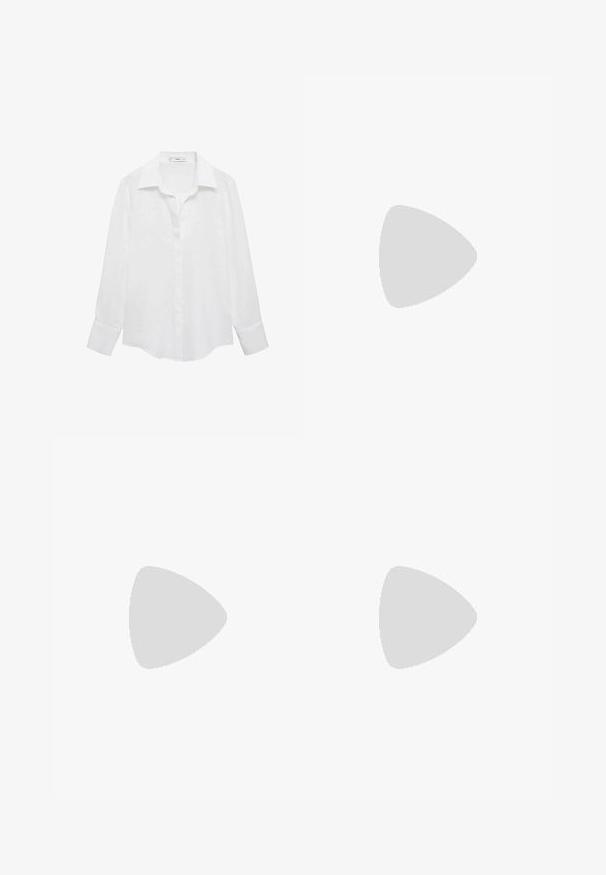 Bijela košulja dugih rukava s klasičnom kragnom, zatvaranjem na dugmadi i glatkim, laganim materijalom. Rubovi su blago zakrivljeni sa strane.; Bershka WIDE-LEG - Široke nogavice - black; Bershka Sandale s visokom petom - black; Crna patentna kožna torba s zakrivljenim oblikom, jednim remenom za rame, prednjim džepovima i akcentima od srebrnog tona.