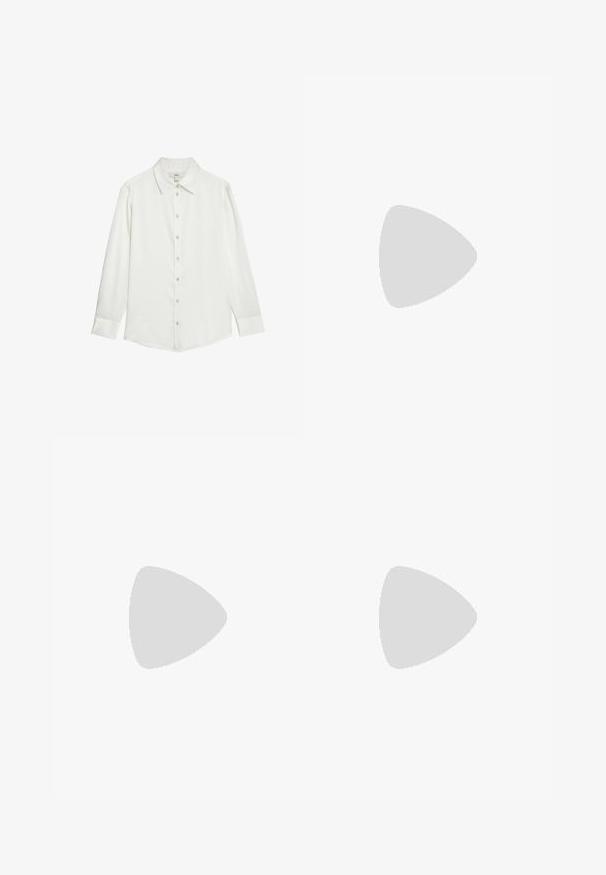 White long-sleeve shirt with a classic collar, front button placket, and smooth fabric texture. Features buttoned cuffs and a tailored fit.; Brown wide-leg trousers with a smooth texture, featuring a high waist and front pleats. The fabric is lightweight and flows loosely.; White high-heeled sandal with a chunky heel, featuring a strappy design and ankle tie. Smooth texture with a platform front for added height.; Beige leather handbag with a unique shape, featuring two short handles and a long adjustable strap. Smooth texture with minimal hardware.