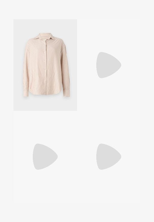 Striped button-up shirt in off-white with thin vertical red stripes. Features a spread collar and long sleeves with cuffed ends.; Dark striped trousers featuring a wide-leg design, made from textured fabric with vertical silver pinstripes. Flat front and belt loops.; The Kooples CHAUSSURES - High heeled sandals - black; Black leather handbag with a curved design, featuring silver studs, a buckle, and two side pockets. Adjustable strap for carrying options.