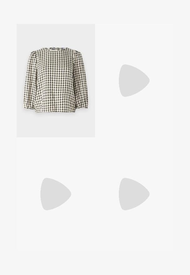 Blusa a scacchi nera e beige con scollatura rotonda, maniche lunghe a sbuffo e dettaglio di orlo arricciato. Realizzata in un tessuto leggero.; Jeans flared di colore blu chiaro in denim, dotati di vita alta, design a cinque tasche e una leggera sfumatura verso l'orlo.; Stivali da cowboy in pelle marrone con punta affusolata e tacco a blocco, caratterizzati da dettagliati ricami e accenti rialzati sul gambale.; Borsa a mano in pelle nera con patta e dettaglio in metallo dorato. Include una tracolla nera e un design elegante e minimalista.; Orecchini a cerchio in argento con un design torciglionato, caratterizzati da una finitura lucida e chiusura a perno. Misurano circa 3 cm di diametro.