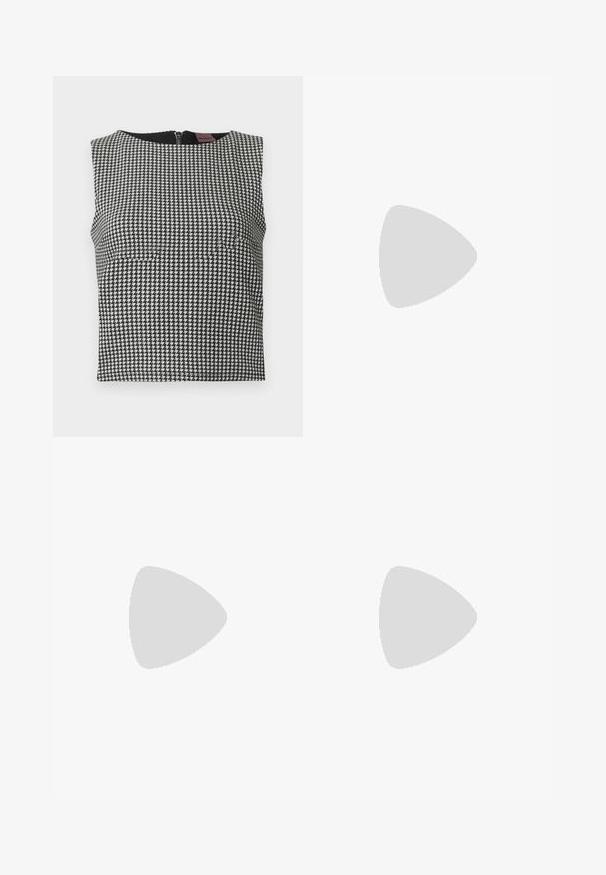 Black and white houndstooth sleeveless top with a round neckline and a back zipper. Made from a textured fabric.; Black tailored trousers with a straight-leg design, featuring a smooth texture and crisp creases along the front. No visible hardware.; Black pointy-toed slingback shoe with a low heel, featuring smooth leather material and cut-out design on the side for breathability.; Black leather handbag with a structured design, featuring a cropped shape, top handle, and gold hardware accent. Adjustable shoulder strap included.