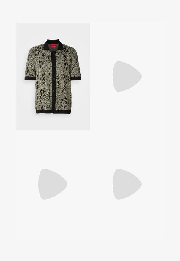 Short-sleeve knitted shirt in green and black with a bold, textured snake-like pattern. Features a black collar and front button closure.; Black short-sleeve t-shirt made of soft fabric, featuring a round neckline and a subtle logo on the front. Inside collar has orange accent.; Black sweatpants made of soft material with an elastic waistband, drawstring, and tapered legs. Features a small logo on the side.; Black sneaker with smooth leather upper, round toe, flat laces, cushioned collar, and minimalistic design. Rubber sole with subtle tread pattern.