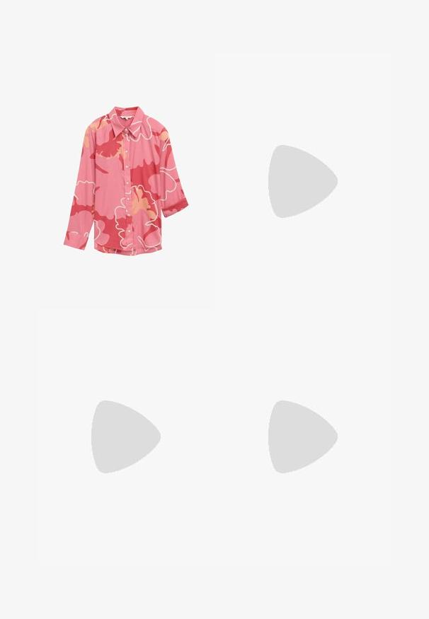 Pink long-sleeve shirt featuring a floral pattern in varying shades of pink, with a classic collar and buttons down the front.; Wide-leg black denim jeans with a high waist. Features five pockets, metal hardware, and a clean finish. The texture is smooth and soft.; Black leather pump with a pointed toe and a low block heel. Features an ankle strap with a gold-tone buckle. Smooth texture.; Black handbag with structured shape, smooth texture, and a metallic clasp. Paired with wide black pants and open-toe sandals on wooden floor.