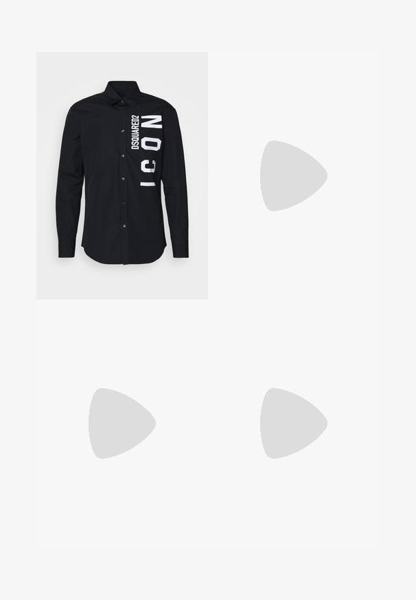 Camisa negra de botón hecha de algodón, con gran texto blanco "DSQUARED2 ICON" impreso verticalmente en el lado izquierdo.; Camiseta sin mangas de algodón blanca con escote redondo, que presenta una textura suave y una forma ajustada, diseñada para el uso casual.; Pantalones de chándal negros con una textura suave, piernas estrechas y bolsillos. En la parte trasera se muestra "DSQUARED2 ICON" en letras blancas en negrita.; Mocasines beige con patrón grabado, franja de acento roja y tacón negro brillante. Cuenta con una correa con detalle de hebilla. Suela plana negra.