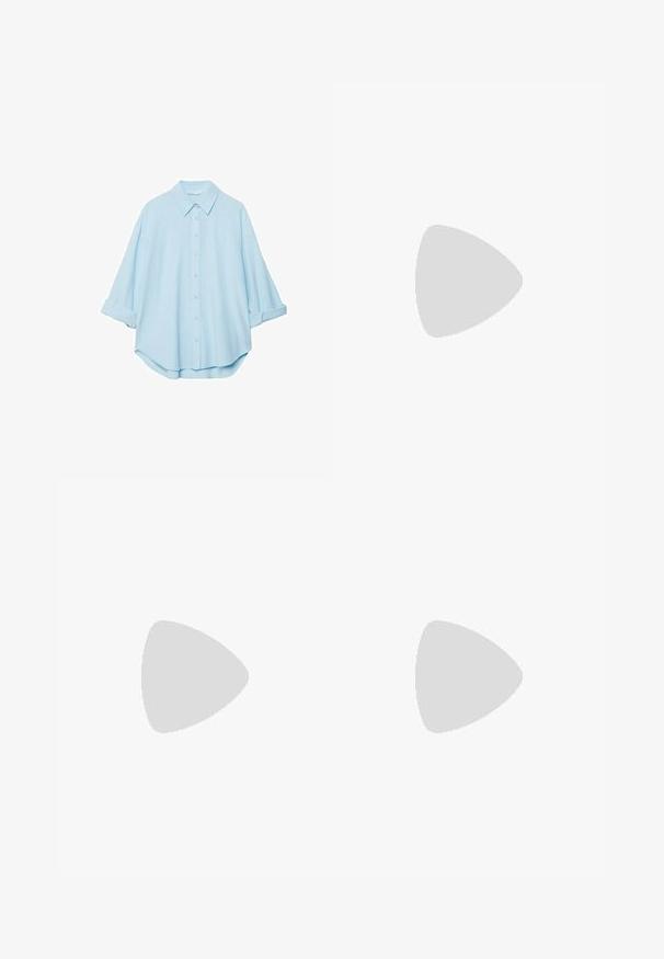 Camicia azzurra realizzata in un tessuto morbido, con colletto classico, chiusura a bottoni sul davanti e maniche arrotolate per un fit rilassato.; Gonna maxi bianca in pizzo con un motivo teksturato, vita elastica e forma fluttuante. Il tessuto sembra leggero e arioso.; Stivale alla caviglia in pelle beige con punta affilata e tacco affusolato. Presenta una cerniera laterale e una texture liscia, offrendo un design elegante e minimalista.; Victoria Hyde VINTAGE HALF-MOON - Borsa a mano - beige; Anello in acrilico blu con una pietra a taglio ottagonale, dotato di una fascia liscia e di una finitura lucida, che mette in mostra sfumature di blu e sfaccettature trasparenti.