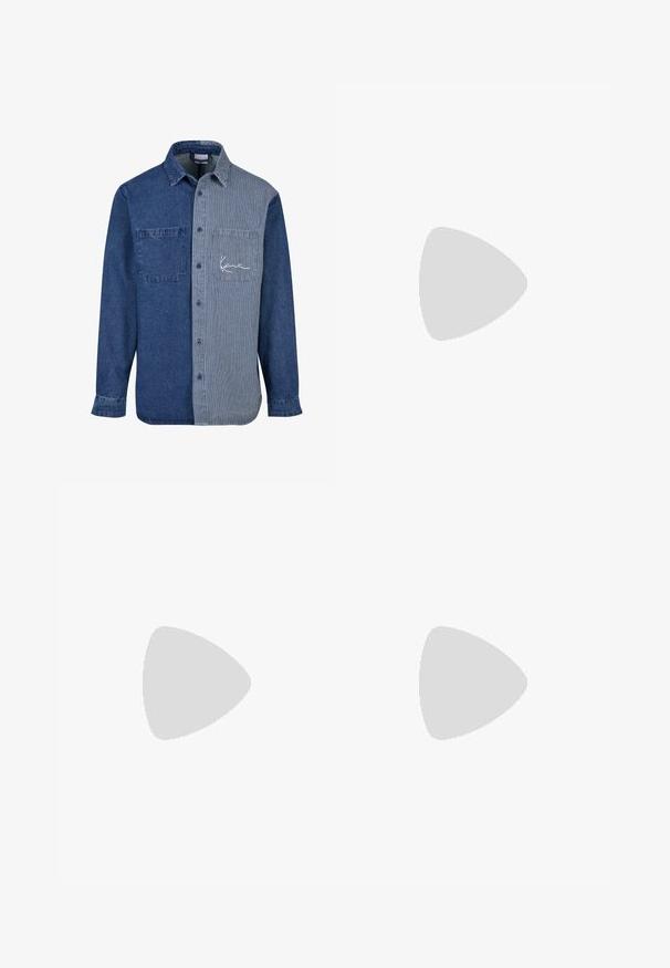 Denimskjorte med solid mørk blå venstre side og stripet lys blå høyre side, med brystlomme og logo-broderi.; Hvit bomull t-skjorte med korte ermer, rund utringning, avslappet passform, og ingen synlige logoer eller mønstre. Glatt tekstur og minimalistisk design.; Lyseblå denim cargo bukser med en avslappet passform, med sideløkker for feste og frontlommer, som viser en falmet tekstur.; Sorte skinn loafers med et elegang design, rund tå, sømdetaljer og lav blokkheel. Glatt tekstur og minimale detaljer.