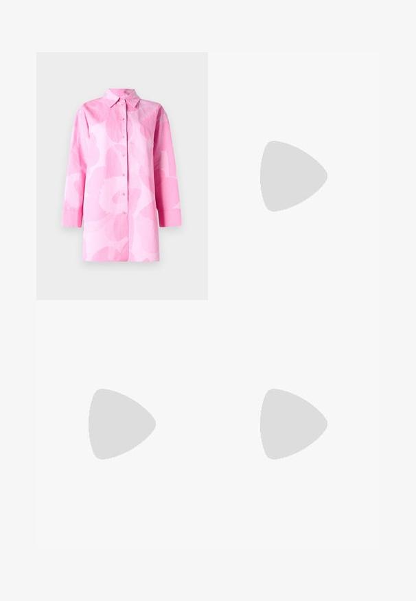 Marimekko HEITTO UNIKKO - Gombos blúz - light pink/pink; Fekete pánt nélküli felső rugalmas anyagból, a közepén egy nagy neon sárga "KANI" logóval. Sima textúra, minimális varrásokkal.; Sárga csipkés maxi szoknya hullámos mintával, sima derékrésszel és puha, áttetsző textúrával. Áramló siluettet terveztek.; Könnyű sportcipő, amely hálós és velúr felsőrésszel rendelkezik, lágy krémszínű árnyalatokban, vastag talppal és háromdimenziós díszítésekkel.