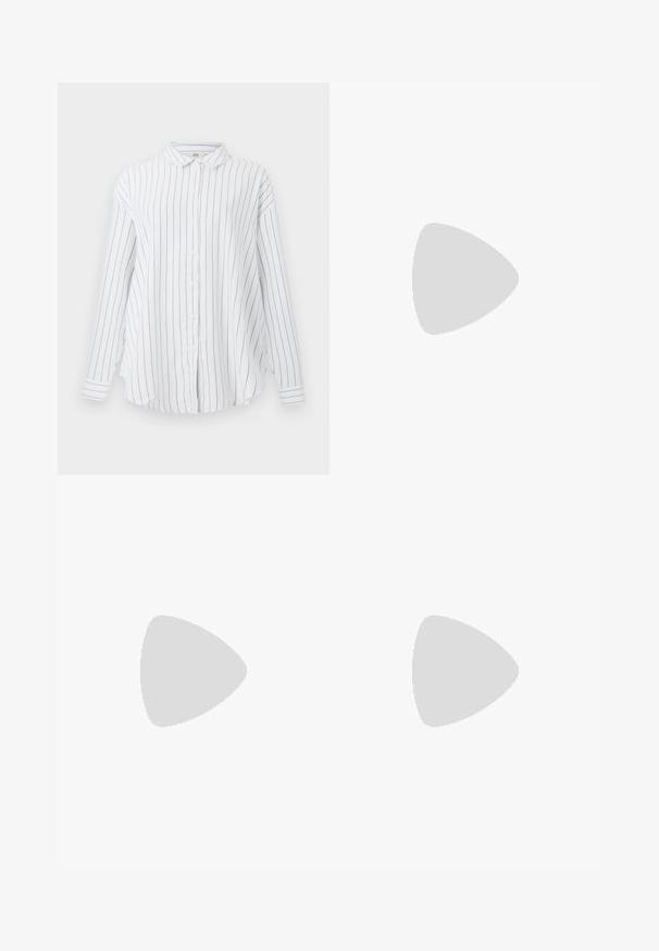 Hvit langermet skjorte med svarte vertikale striper og klassisk krage, vist mot en ensfarget bakgrunn.; Mørkegrå oversized t-skjorte laget av bomull, med et sentralt solmotiv med intrikate linjedetaljer trykket på forsiden.; Bredde ben jeans i lys blå vask, med høy livhøyde, frontlommer og knappelukking med beltehemper.; Hvite sportssko laget av mesh og syntetiske materialer, snøring, polstret krage og teksturert såle for grep. Lett konstruksjon.