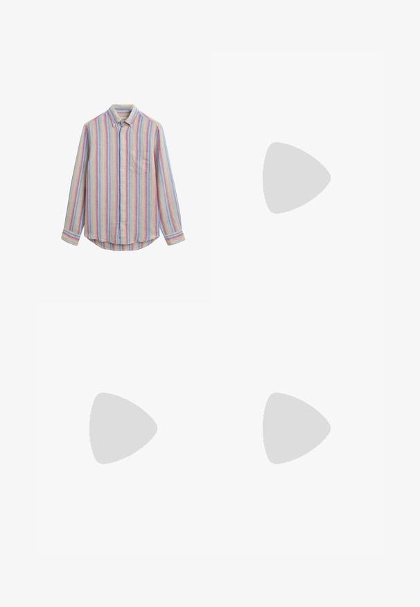 Camicia a righe con tessuto morbido in tonalità blu, giallo e rosso. Presenta una tasca sul petto e un colletto classico.; Jeans in denim azzurro chiaro con una vestibilità comoda, design a gamba dritta, stile a cinque tasche e leggere sfumature sul tessuto.; Infradito neri con suola piatta, realizzati in materiale elegante. Presentano un design minimalista con una sola fascetta e una parte inferiore testurizzata.; Occhiali da sole rotondi con una montatura trasparente, lenti verde chiaro e stemmi sottili e trasparenti. Presentano sottili dettagli hardware sulla montatura.