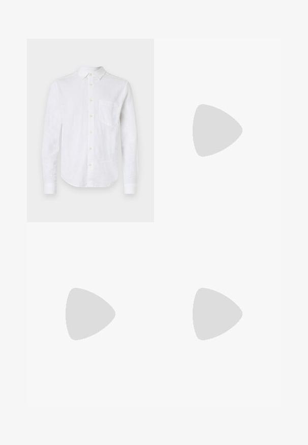 White linen long-sleeve shirt with a button-down collar, front pocket, and pearly buttons. Features a curved hem and textured fabric.; SIKSILK DISTRESSED - Slim fit jeans - grey; White leather sneakers with perforations, round toe, flat sole, and thick laces, featuring a visible swoosh logo and "AIR" on the heel.; Silver stainless steel wristwatch with a navy blue dial, metallic hour markers, and a date window at 3 o'clock. Water-resistant to 50 meters.